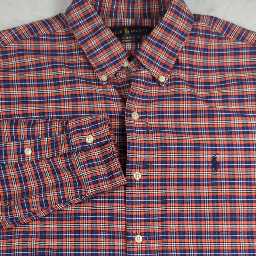 Polo Ralph Lauren Custom Fit Orange Blue Plaid Fall Autumn Long Sleeve Mens Lrg‎